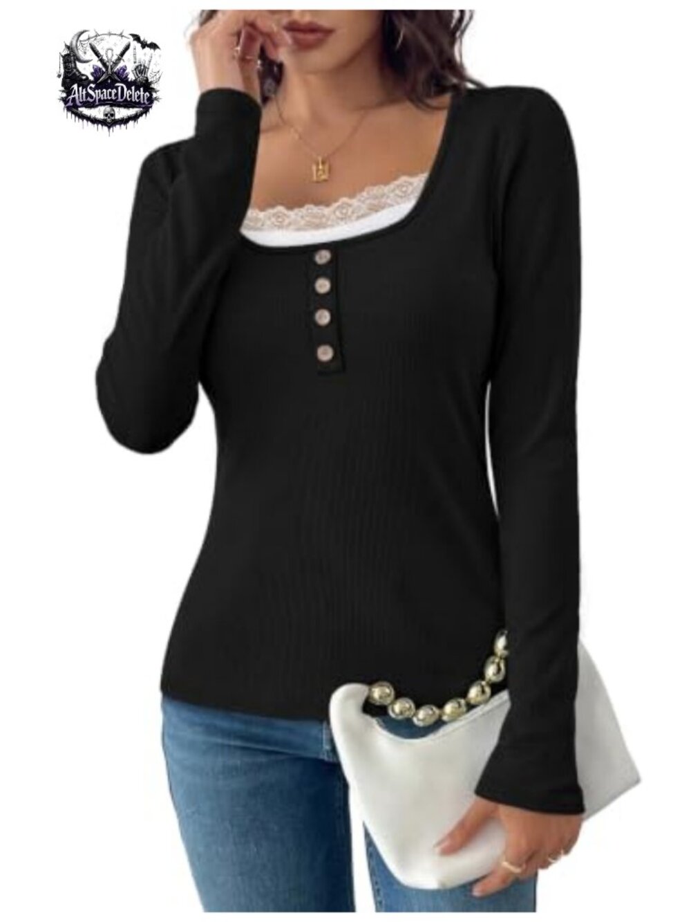 Women's Ribbed Long Sleeve Lace Trim Scoop Neck Top